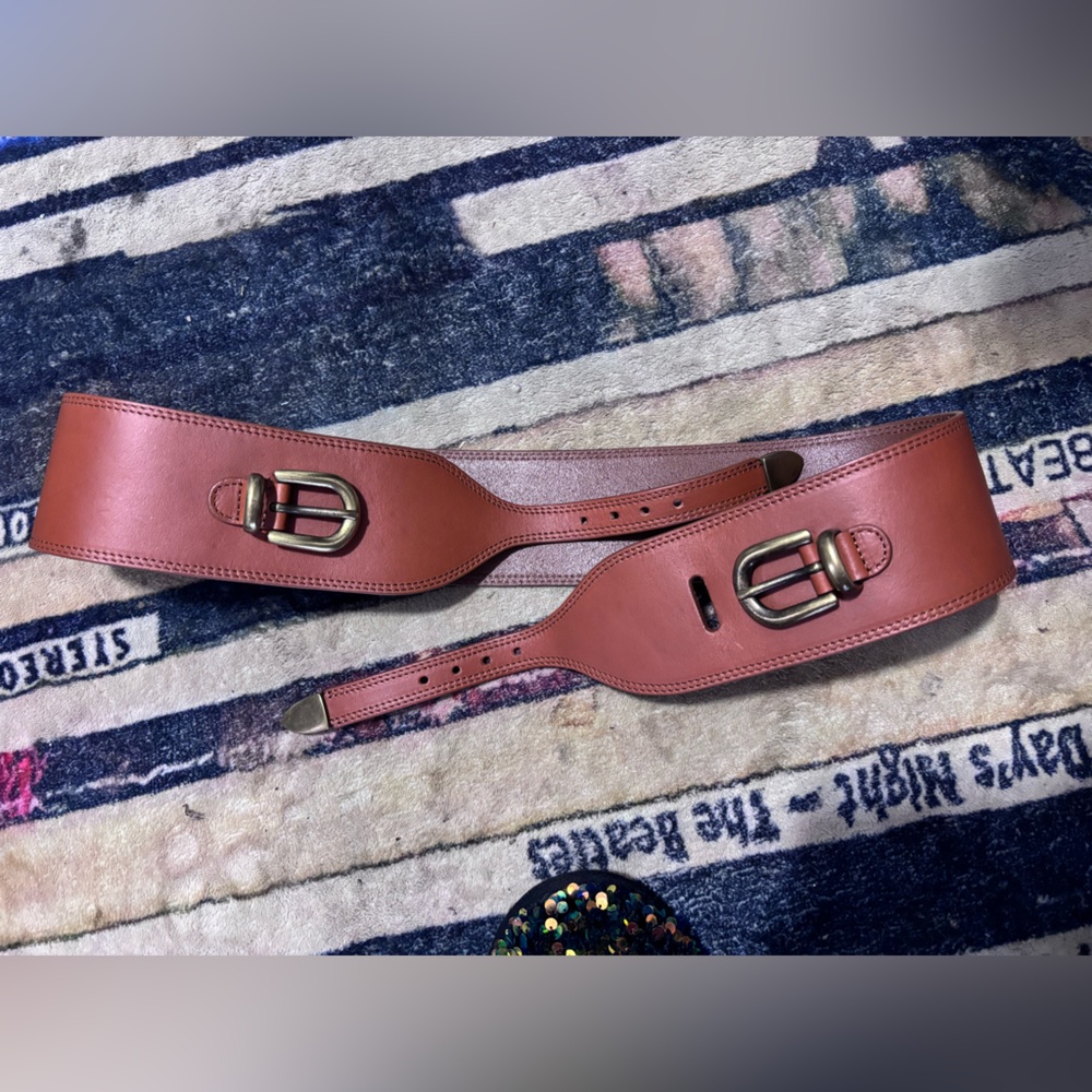 Sezane Brown Leather Belt with Gold Buckles